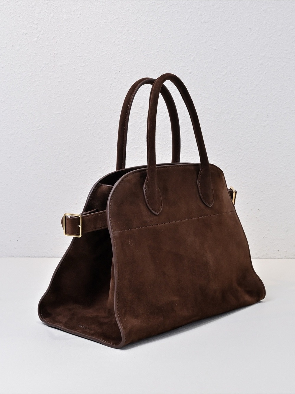 The Row Brown Suede Satchel with Gold-Tone Buckles